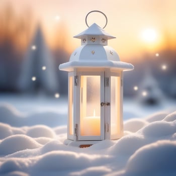 AI generated White christmas lantern on snow, outside lit by the setting sun. ai generative photo