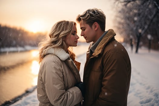 AI generated a couple in love walks under snowfall against the backdrop of a river and sunset. Blonde girl photo