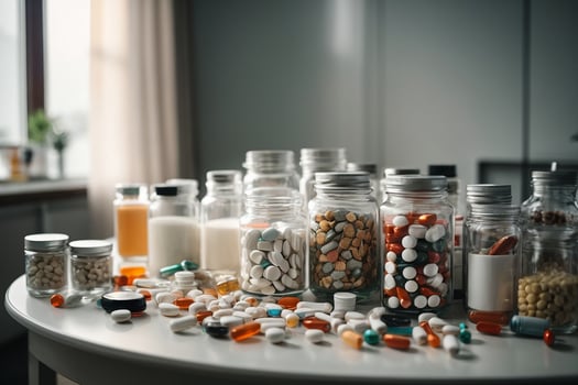 AI generated many pills and various medicines in the room on a round table, the room is light white photo