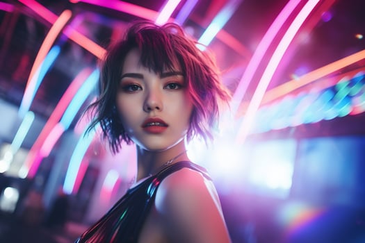 AI generated Portrait of young beautiful asian woman dancing in night club. photo