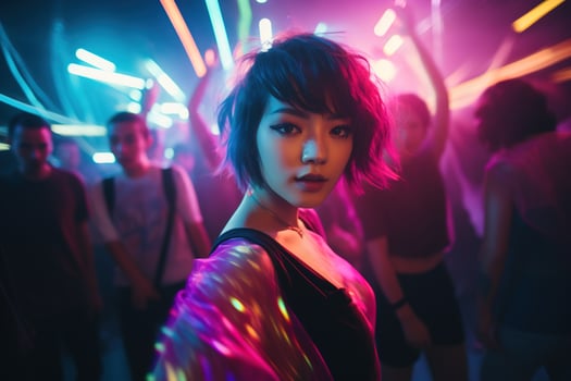 AI generated Portrait of young beautiful asian woman dancing in night club. photo