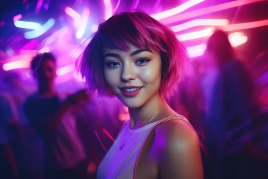 AI generated Portrait of young beautiful asian woman dancing in night club. photo