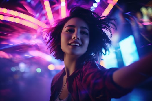 AI generated Portrait of young beautiful asian woman dancing in night club. photo