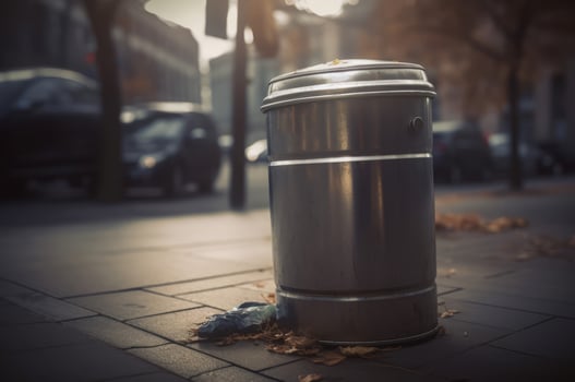 AI generated Metallic trash bin on urban street closeup photo. Generate ai photo
