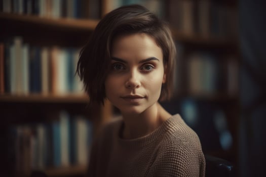 AI generated Woman portrait on library book shelves. Generate ai photo