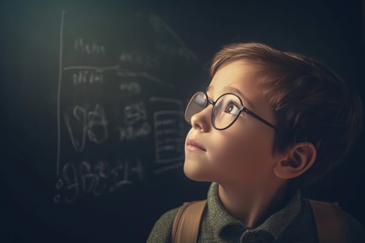 AI generated Young boy with eyeglasses posing next to chalkboard. Generate ai photo