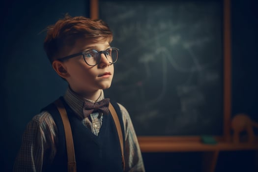 AI generated Young schoolboy with eyeglasses at the chalkboard. Generate ai photo