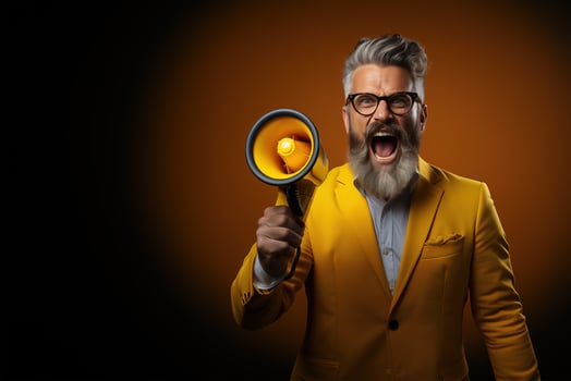 AI generated A handsome man on an isolated yellow wall shouts into a megaphone. photo