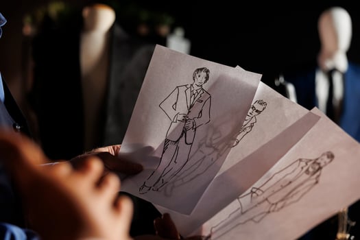 Extreme close up of sketch drawings in tailoring studio showing cool stylish clothing. Skilled couturiers coming up with ideas for upcoming creative fashion design runway show photo