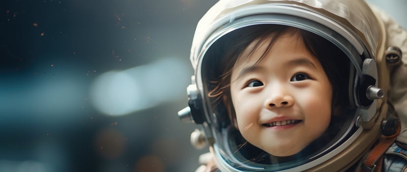 AI generated Portrait of a cute asian little girl wearing astronaut costume and smiling in space photo