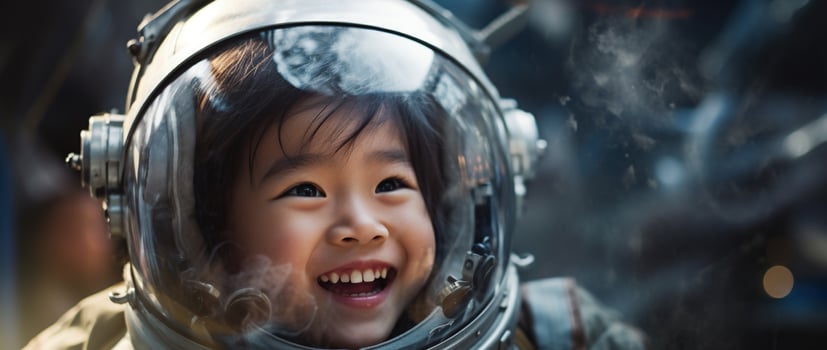 AI generated Portrait of a cute asian little girl wearing astronaut costume and smiling in space photo