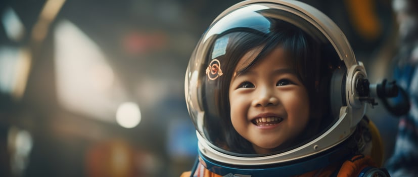 AI generated Portrait of a cute asian little girl wearing astronaut costume and smiling in space photo