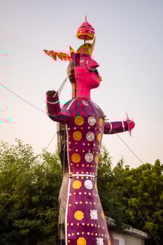 Ravnans being ignited during Dussera festival at ramleela ground in Delhi, India, Big statue of Ravana to get fire during the Fair of Dussera to celebrate the victory of truth by Lord Rama photo