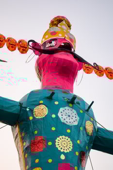 Ravnans being ignited during Dussera festival at ramleela ground in Delhi, India, Big statue of Ravana to get fire during the Fair of Dussera to celebrate the victory of truth by Lord Rama photo