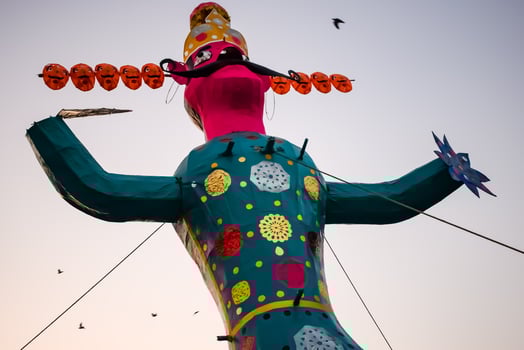 Ravnans being ignited during Dussera festival at ramleela ground in Delhi, India, Big statue of Ravana to get fire during the Fair of Dussera to celebrate the victory of truth by Lord Rama photo