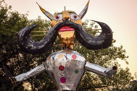 Ravnans being ignited during Dussera festival at ramleela ground in Delhi, India, Big statue of Ravana to get fire during the Fair of Dussera to celebrate the victory of truth by Lord Rama photo