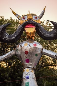 Ravnans being ignited during Dussera festival at ramleela ground in Delhi, India, Big statue of Ravana to get fire during the Fair of Dussera to celebrate the victory of truth by Lord Rama photo