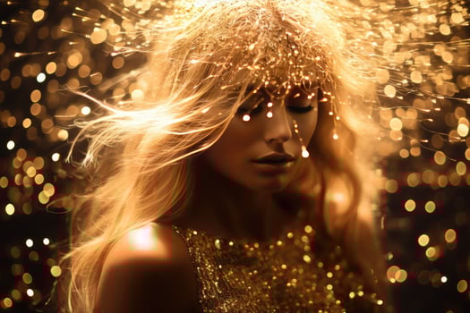 AI generated golden glitter lights around girl photo