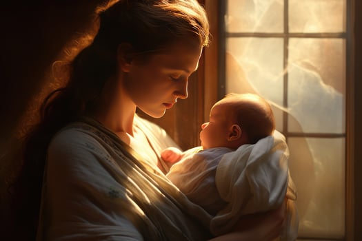 AI generated mother with gentle eyes cradling her newborn baby photo