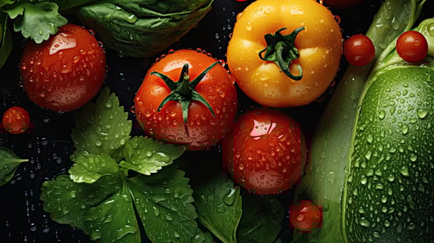 AI generated Fresh vegetables with glistening droplets of water viewed from above photo