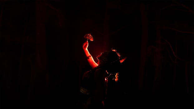 silhouette of a female dancer holding jewelry in the middle of the stillness of the night with red light photo