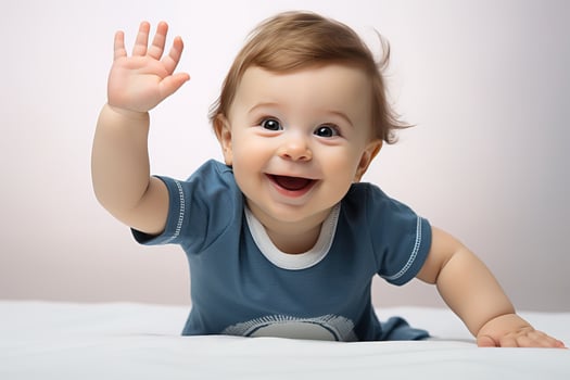 AI generated Joyful baby on a soft white bed reaches out with a tiny hand, smiling playfully against a neat, light backdrop, capturing a moment of innocent curiosity. photo