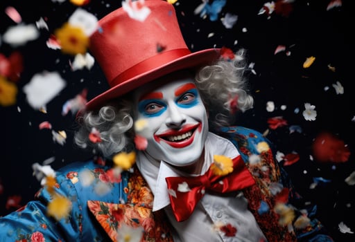 AI generated a clown in a hat makes confetti, photo