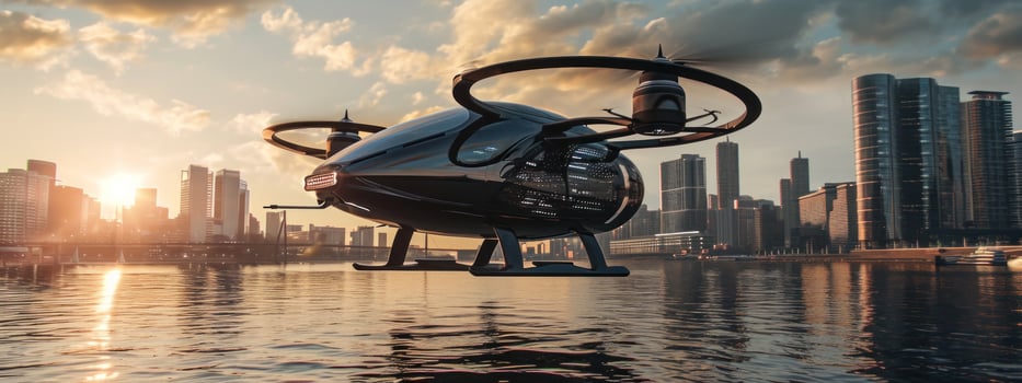 AI generated futuristic drone flying over a river with city photo