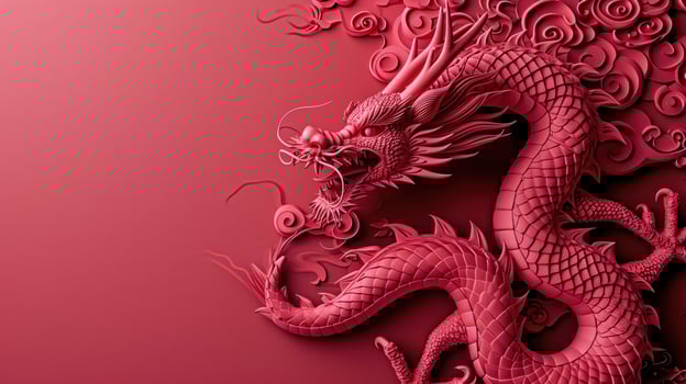 AI generated chinese dragon with swirls on red background, red and gold. photo