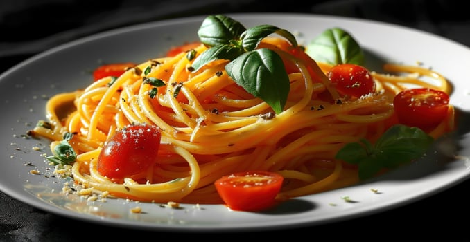 AI generated spaghetti on a plate on black background photo