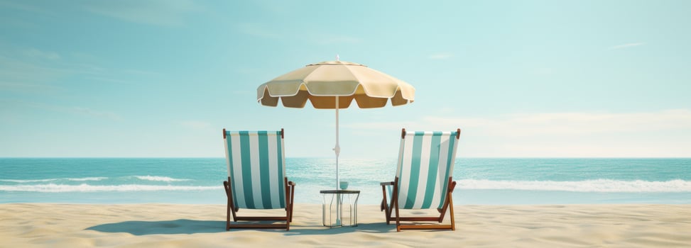 AI generated two chairs sit on the beach and have umbrellas on the top photo