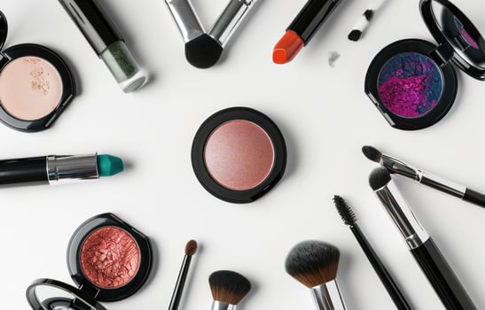 AI generated various makeup products is shown in a circle on a white background photo