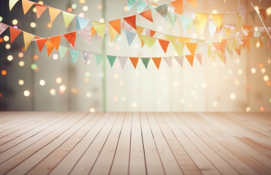 AI generated white wooden floor with colorful bunting background photo