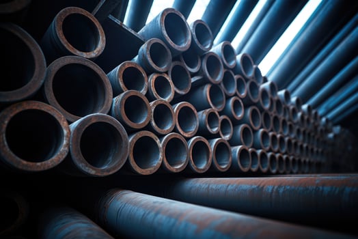 AI generated Steel pipes inside the factory or warehouse. Industrial production photo