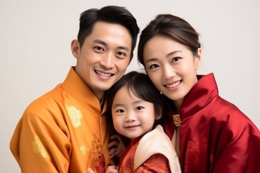 AI generated a family of young Chinese celebrating Chinese New Year with isolated white background photo