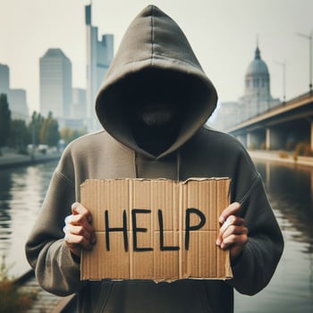 AI generated Hooded man holding a cardboard sign with the word help on it photo