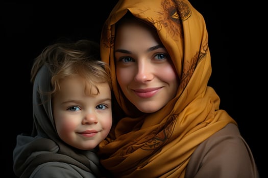 AI generated Tender embrace of a muslim mom and her happy child, eid and ramadan images photo