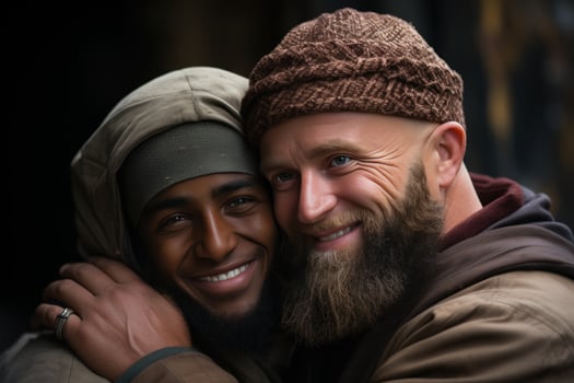 AI generated A heartening scene of brotherhood as an islamic man embraces another with genuine happiness, eid and ramadan images photo
