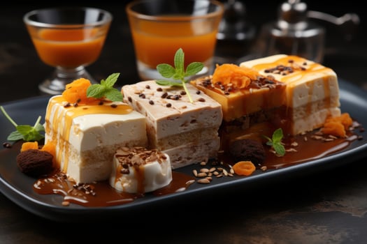 AI generated A delectable assortment of four desserts beautifully presented on a plate, islamic images photo