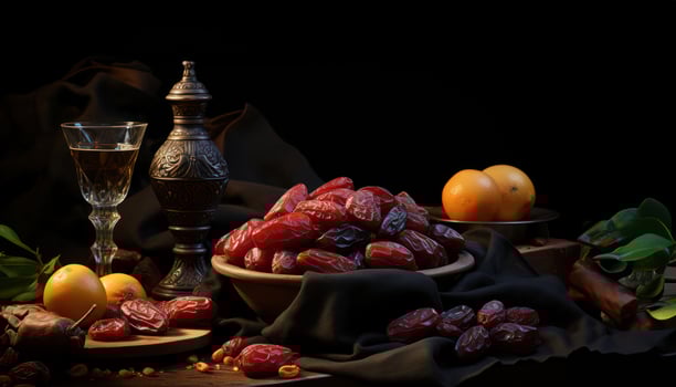 AI generated Exquisite presentation of plump date fruits on a dark stylish surface, eid and ramadan images photo