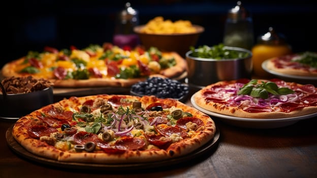 AI generated A wooden table with three delicious pizzas on plates with variety of toppings, Top-down Shot photo