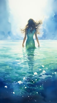 AI generated Watercolor hand drawn long hair girl in underwater world photo