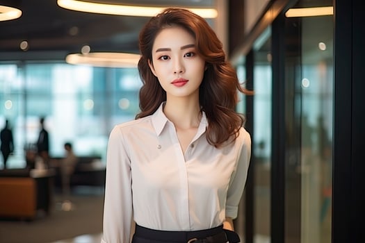 AI generated Korean girl in a white shirt standing in a office photo