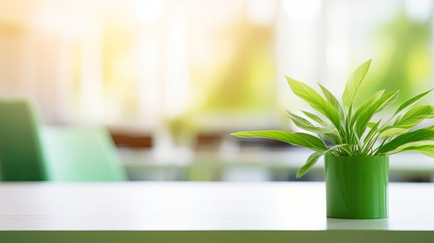 AI generated Concept of a green office space, captured with a blurred effect to highlight the serene and peaceful environment cultivated by integrating nature into workspace design. photo