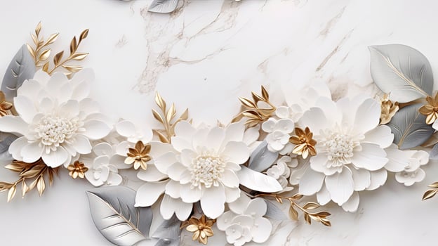 AI generated marble texture with abstract golden and white flower glitter photo