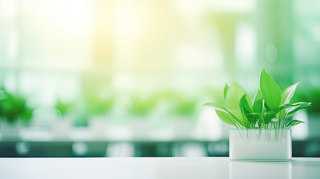 AI generated Modern green office desk table withe Plants. Desk plants can reduce stress at work photo
