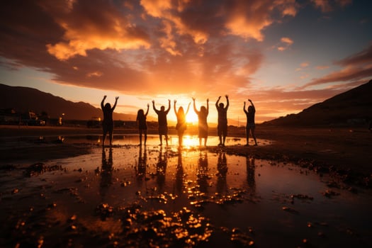 AI generated Young friends silhouetted high spirited on the beach, summer landscape image photo