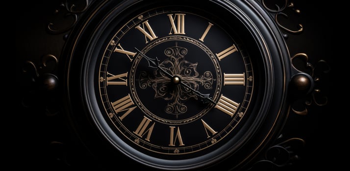 AI Generated Black round old alarm clock on black background photo