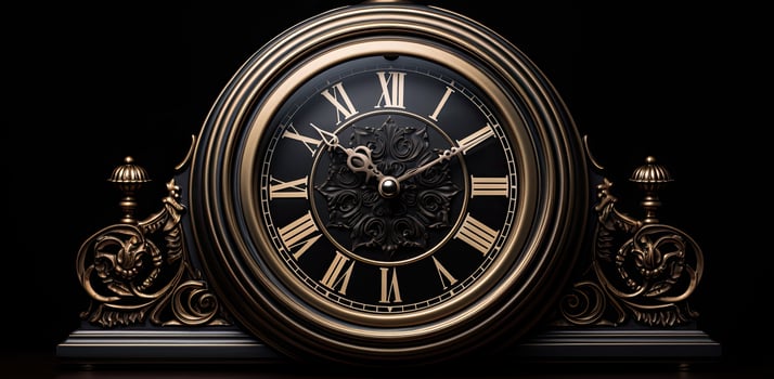 AI Generated Black round old alarm clock on black background photo