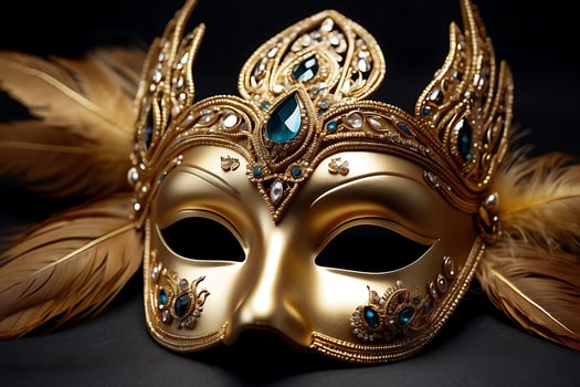 AI generated Golden carnival mask decorated with crystals and feathers photo
